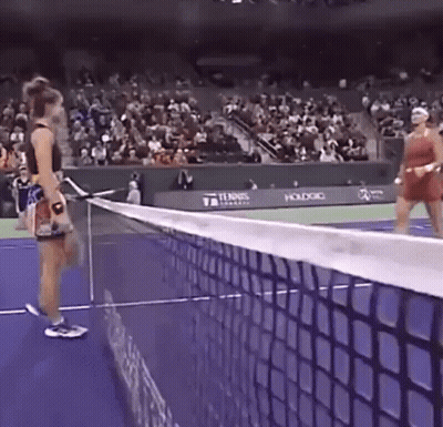 Two Women Are Playing Tennis On A Tennis Court . GIF