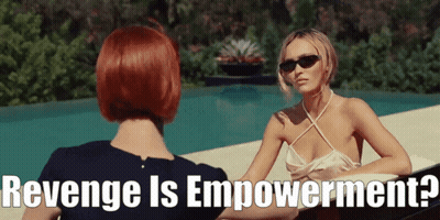 Two Women Are Sitting By A Pool With The Words Revenge Is Empowerment GIF