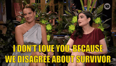 Two Women Are Sitting Next To Each Other With The Words I Don T Love You Because We Disagree About Survivor GIF