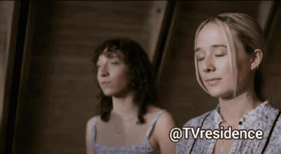 Two Women Are Sitting Next To Each Other With Their Eyes Closed And The Words @Tvresidence Written Above Them GIF
