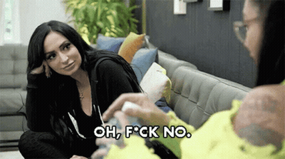 Two Women Are Sitting On A Couch Talking To Each Other And One Woman Is Saying Oh , F * Ck No . GIF