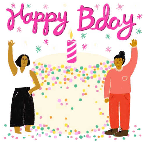 Two Women Are Standing In Front Of A Birthday Cake That Says Happy Bday On It Sticker