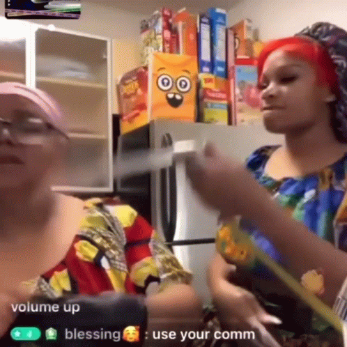 Two Women Are Standing In Front Of A Refrigerator With Boxes Of Cereal On The Shelf Behind Them . GIF
