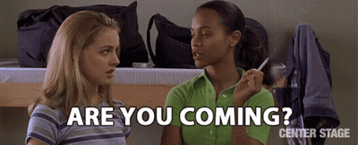 Two Women Are Standing Next To Each Other And The Words Are You Coming Center Stage GIF