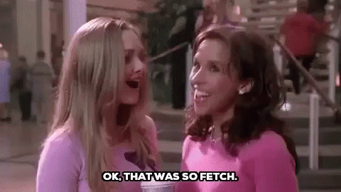 Two Women Are Standing Next To Each Other On A Sidewalk And One Of Them Is Saying `` Ok , That Was So Fetch '' . GIF