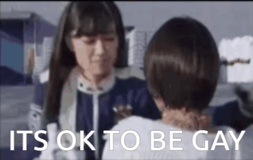 Two Women Are Standing Next To Each Other With The Words `` It 'S Ok To Be Gay '' Written On The Bottom . GIF