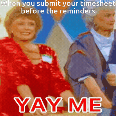 Two Women Are Standing Next To Each Other With The Words " Yay Me " Written On The Bottom GIF