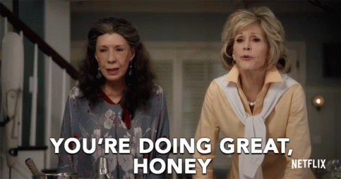 Two Women Are Standing Next To Each Other With The Words You 'Re Doing Great Honey GIF