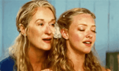 Two Women Are Standing Next To Each Other With Their Eyes Closed And Their Mouths Open . GIF