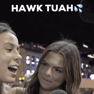 Two Women Are Talking Into Microphones And The Words Hawk Tuah Are On The Bottom GIF