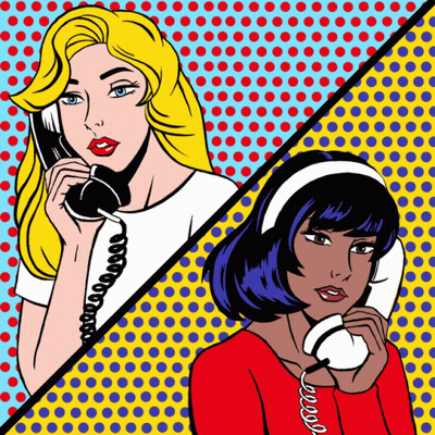 Two Women Are Talking On Telephones In A Pop Art Style GIF