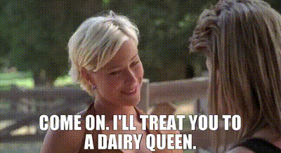Two Women Are Talking To Each Other And One Of Them Says " Come On I 'Ll Treat You To A Dairy Queen " GIF