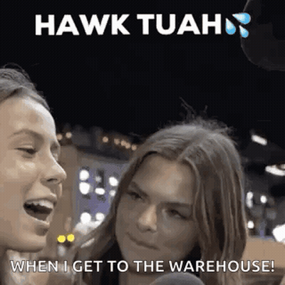 Two Women Are Talking To Each Other In Front Of A Microphone With The Words `` Hawk Tuah '' Written Above Them . GIF