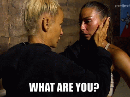 Two Women Are Touching Each Other 'S Faces And The Words What Are You Are On The Bottom GIF