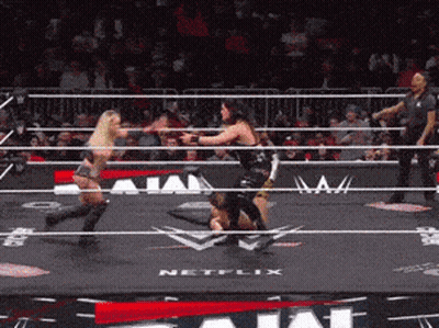 Two Women Are Wrestling In A Ring That Says Netflix On The Floor GIF