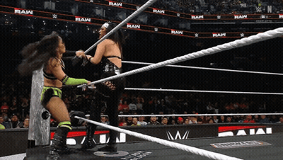 Two Women Are Wrestling In A Ring With The Word Raw On The Walls GIF