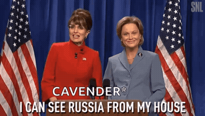 Two Women At Podium Saying Cavender I Can See Russia From My House GIF
