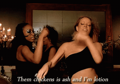 Two Women Dancing In Front Of Mirror With Them Chickens Is Ash And I'm Lotion GIF