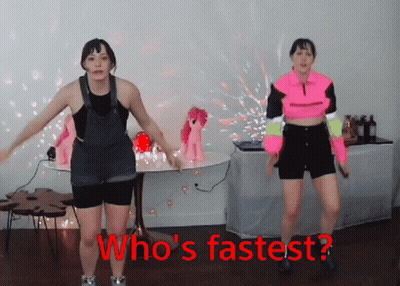 Two Women Dancing Who's Fastest Red Text GIF