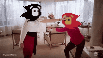Two Women Dancing With Pixelated Face On Head GIF