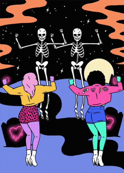 Two Women Dancing With Skeletons GIF