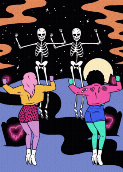 Two Women Dancing With Skeletons GIF
