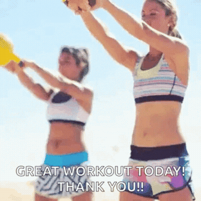 Two Women Exercising On Beach Saying Great Workout Today Thank You GIF