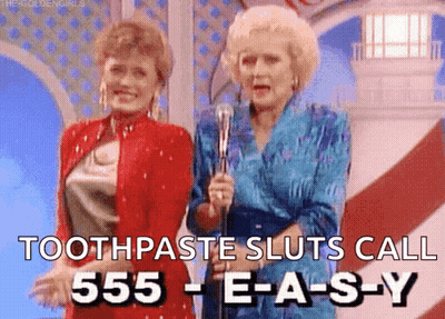 Two Women Holding Microphones Saying Toothpaste Sluts Call 555-E-A-S-Y GIF
