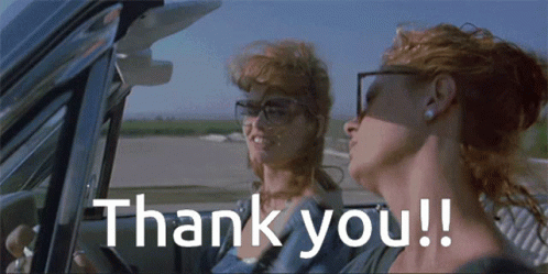 Two Women In A Car With The Words Thank You Written On The Bottom GIF