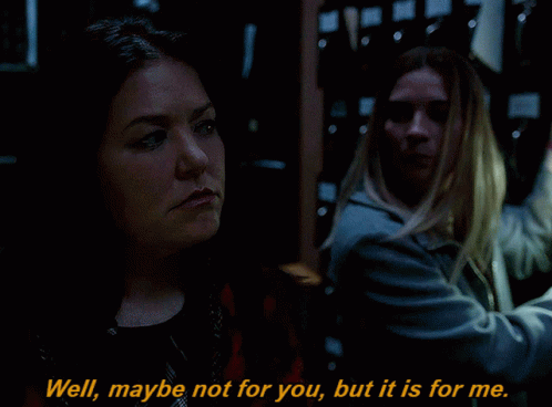 Two Women In A Dark Room With The Words Well Maybe Not For You But It Is For Me GIF