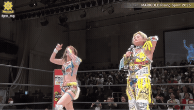 Two Women In A Wrestling Ring With Marigold Rising Spirit 2025 Written On The Bottom GIF