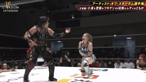 Two Women In A Wrestling Ring With The Number 15 On The Bottom Right GIF