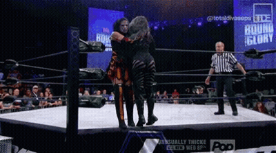 Two Women In A Wrestling Ring With The Words Bound For Glory On The Screen Behind Them GIF