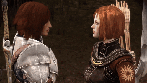 Two Women In Armor Are Looking At Each Other And One Has A Sun On Her Chest GIF