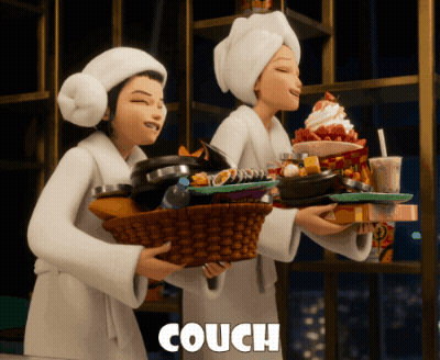 Two Women In Bathrobes Carrying Baskets Of Food With Couch GIF