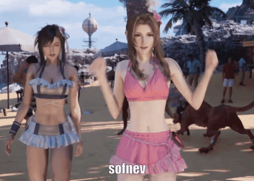 Two Women In Bikinis Are Dancing On A Beach And The Word Sofnev Is On The Bottom Right GIF