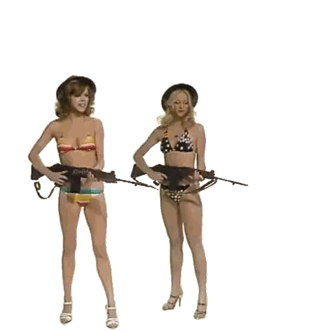 Two Women In Bikinis Are Holding Guns In Front Of A Sign That Says War Sticker