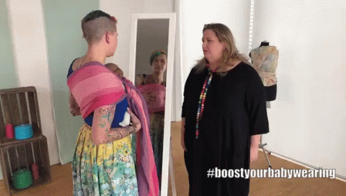 Two Women In Front Of Mirror #Boostyourbabywearing GIF