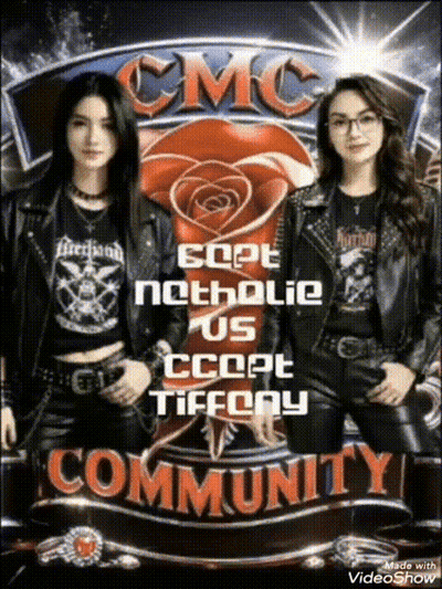 Two Women In Leather Jackets In Front Of CMC Logo GIF