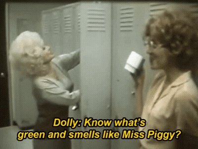Two Women In Locker Room Dolly Know What's Green And Smells Like Miss Piggy GIF