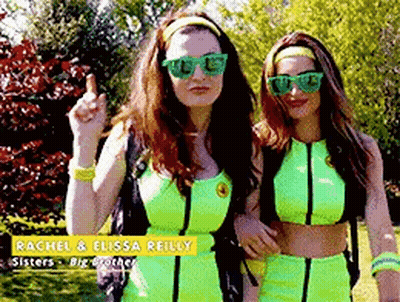 Two Women In Neon Green Outfits And Sunglasses GIF