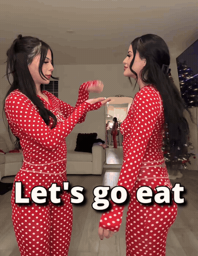 Two Women In Red Polka Dot Pajamas Dancing Let's Go Eat GIF