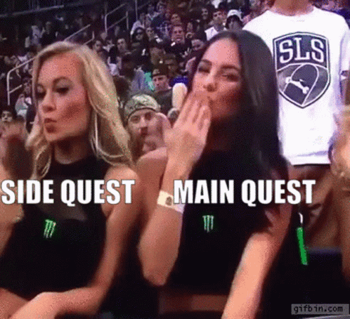 Two Women In Stadium With Side Quest And Main Quest GIF