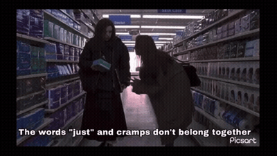 Two Women In Store With Cramps Quote GIF