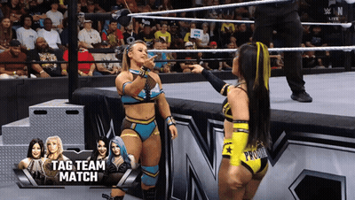 Two Women In Wrestling Ring Tag Team Match GIF