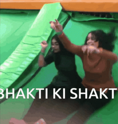 Two Women On Green Trampoline Bhakti Ki Shakti GIF