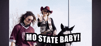 Two Women Riding Horses With The Words Mo State Baby Written On The Bottom GIF