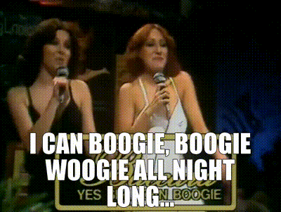 Two Women Singing Into Microphones Boogie Woogie All Night GIF