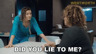 Two Women Sitting At A Table With The Words " Did You Lie To Me " On The Bottom GIF