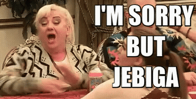 Two Women Sitting At Table Saying I'm Sorry But Jebiga GIF